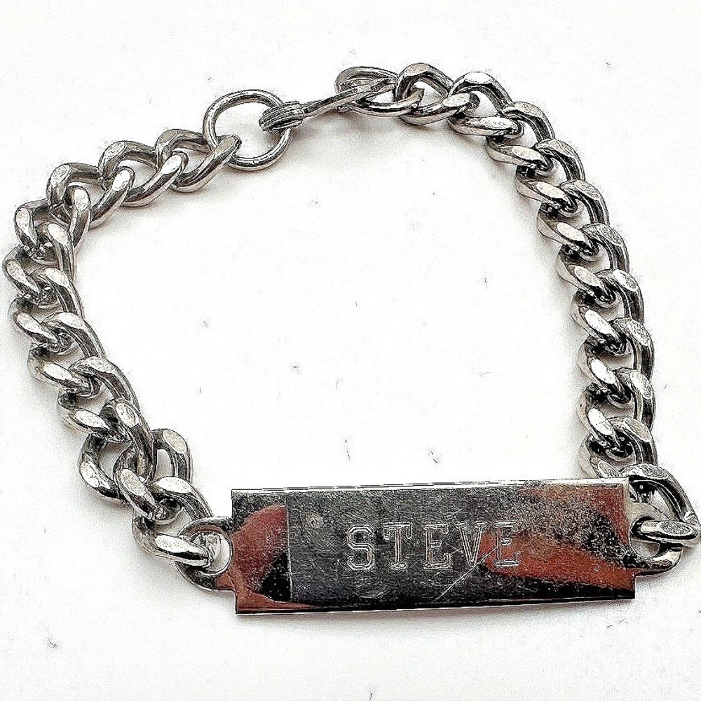 Vintage‎ Y2K Curb Chain Steve Engraved ID Bracelet Silver Tone Jewelry